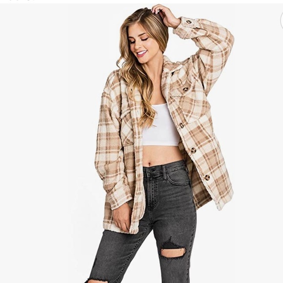 Women’s Cozy Soft Sherpa Teddy Coat Plaid Shacket - Picture 4 of 4